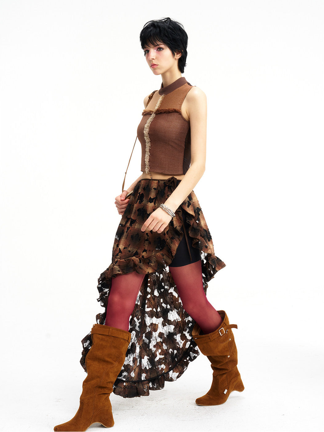 Mocha brown mesh-panel mock-neck vest, editorial view