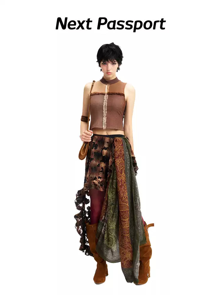 Mesh-panel mock-neck vest styled with plaid skirt overlay