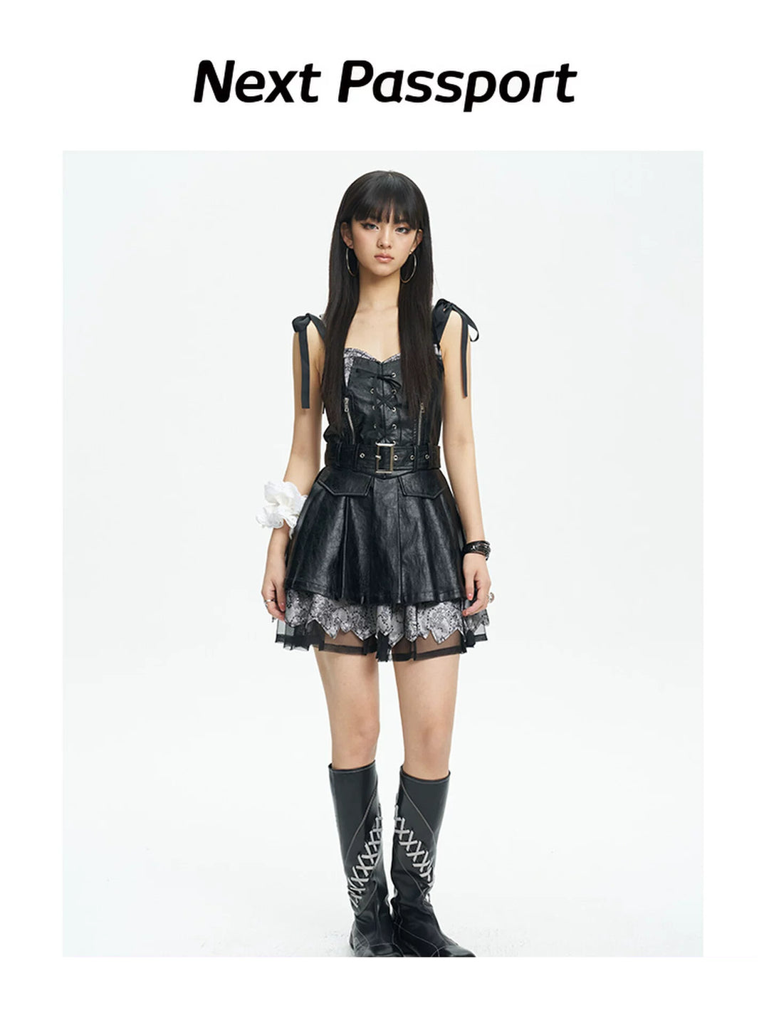 NEXT PASSPORT black PU off-shoulder pinafore mini dress – front full-length view