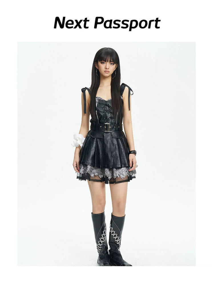 NEXT PASSPORT black PU off-shoulder pinafore mini dress – front full-length view