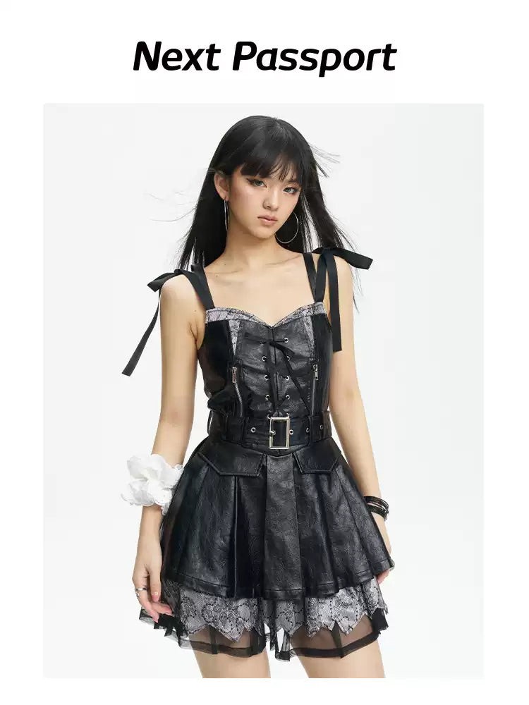NEXT PASSPORT black PU off-shoulder pinafore mini dress – front three-quarter view