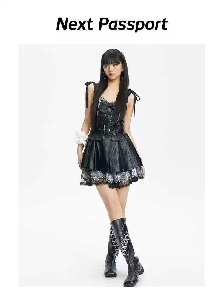 NEXT PASSPORT black PU off-shoulder pinafore mini dress – full-length side pose