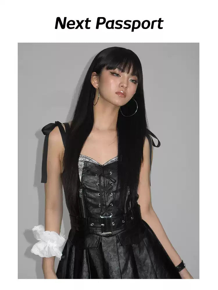 NEXT PASSPORT black PU off-shoulder pinafore mini dress – bodice and shoulder-tie detail