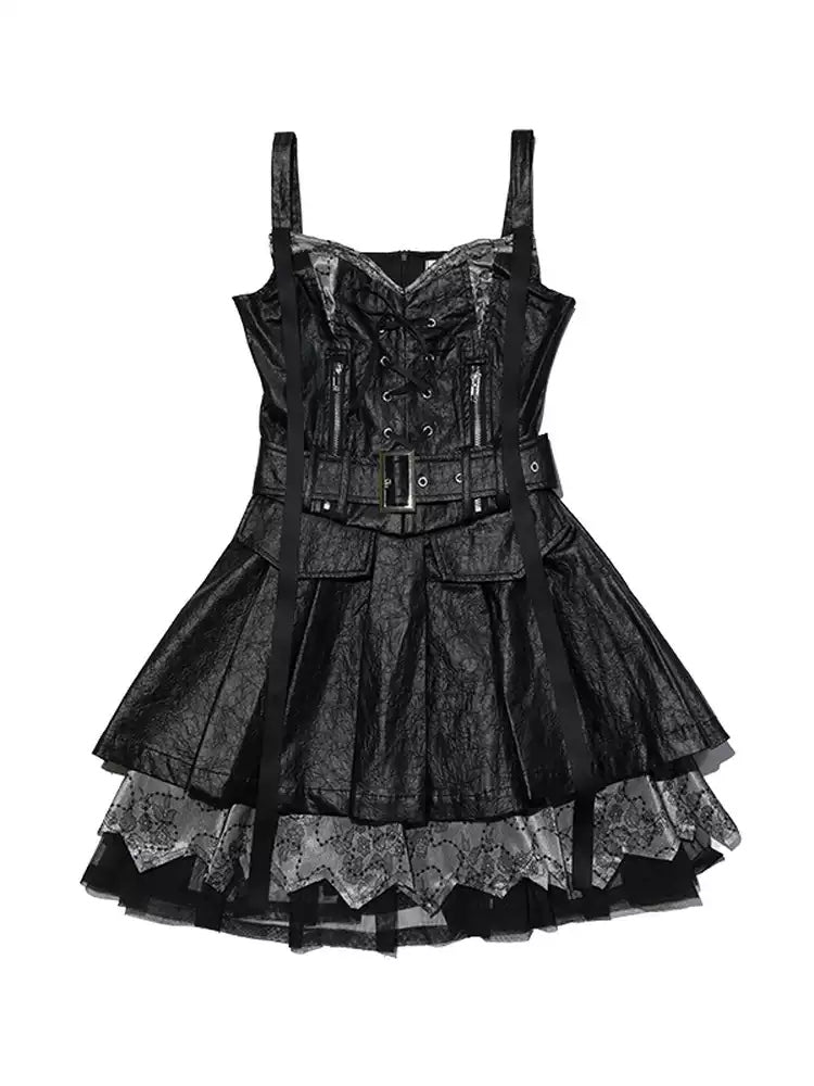 NEXT PASSPORT black PU off-shoulder pinafore mini dress – solo front product view