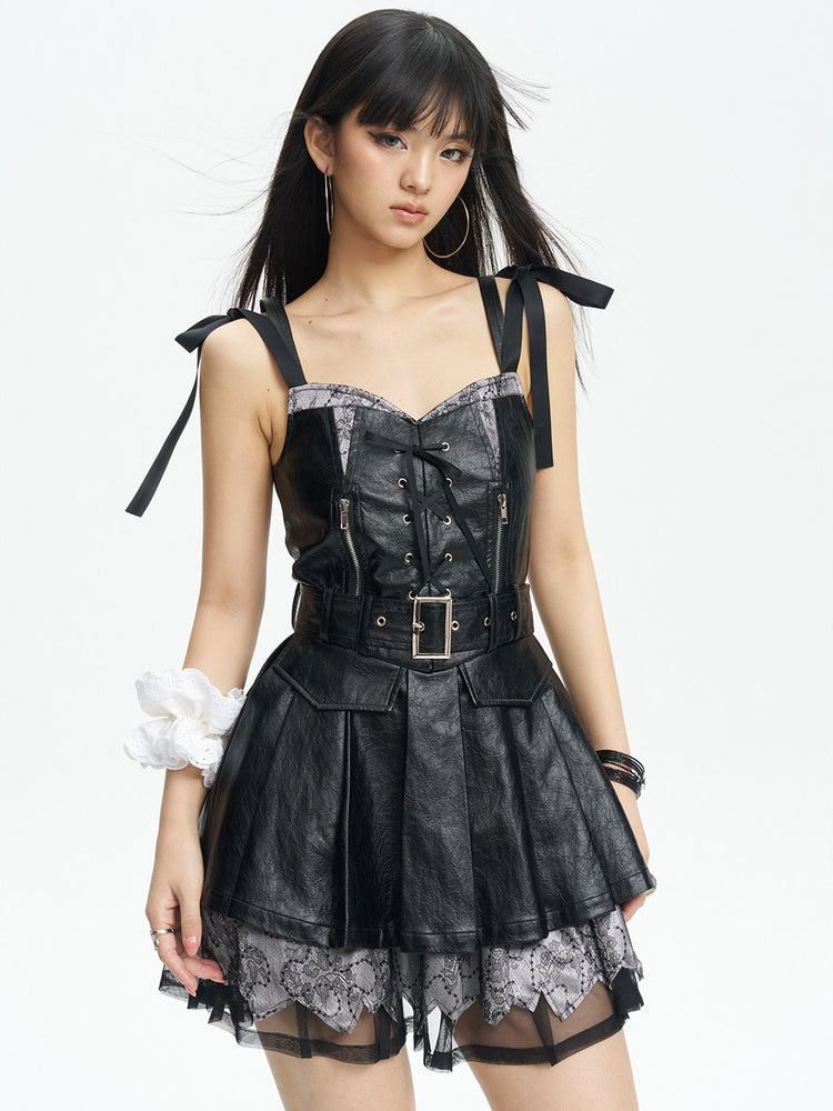 NEXT PASSPORT black PU off-shoulder pinafore mini dress – corset bodice and belt detail