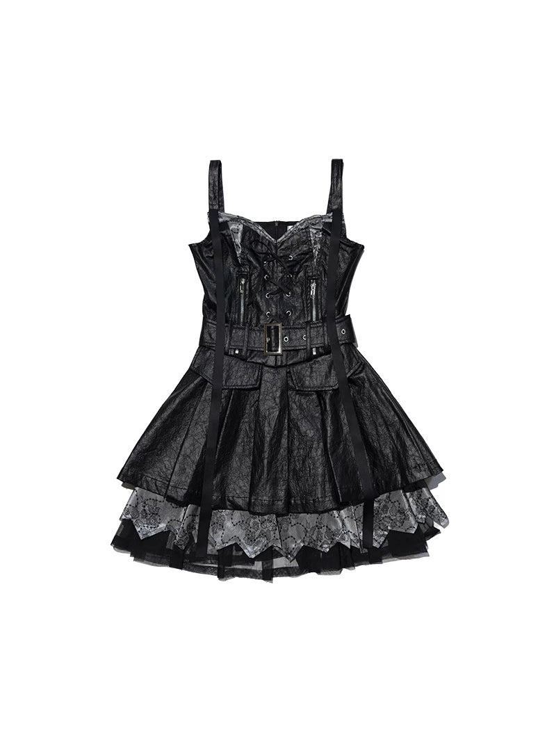 NEXT PASSPORT black PU off-shoulder pinafore mini dress – clean solo product image