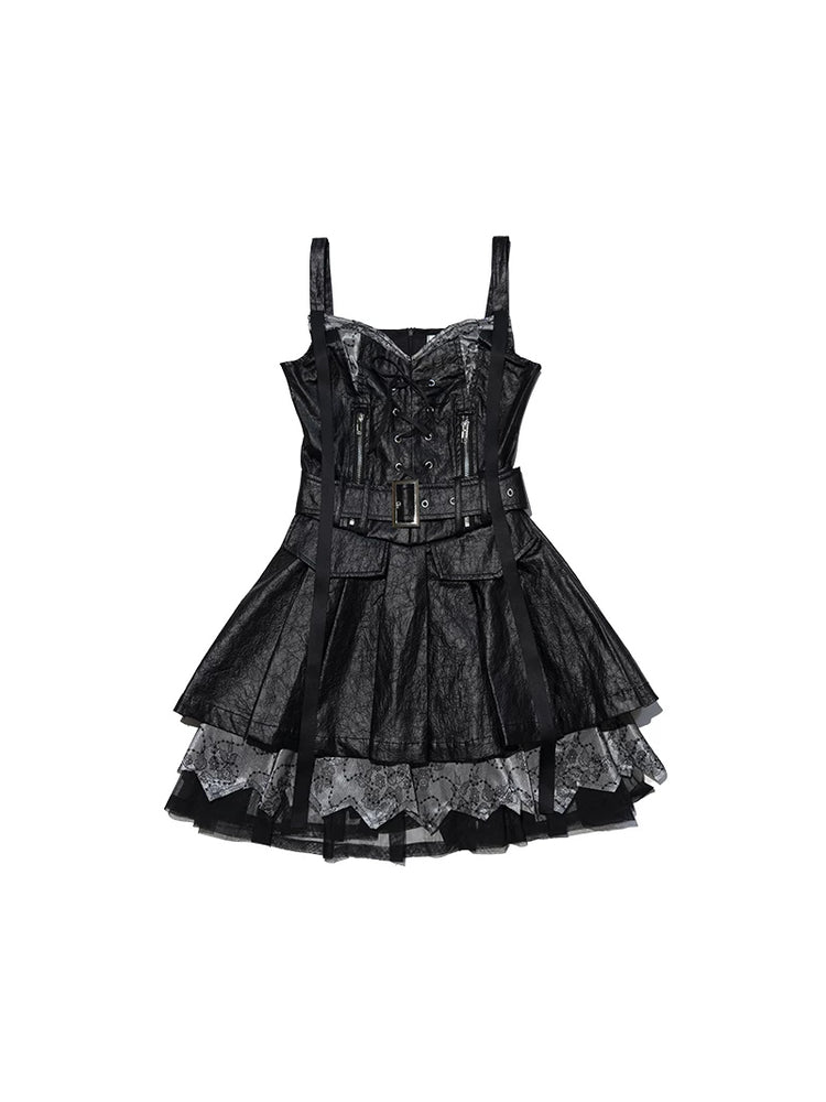 NEXT PASSPORT black PU off-shoulder pinafore mini dress – clean solo product image