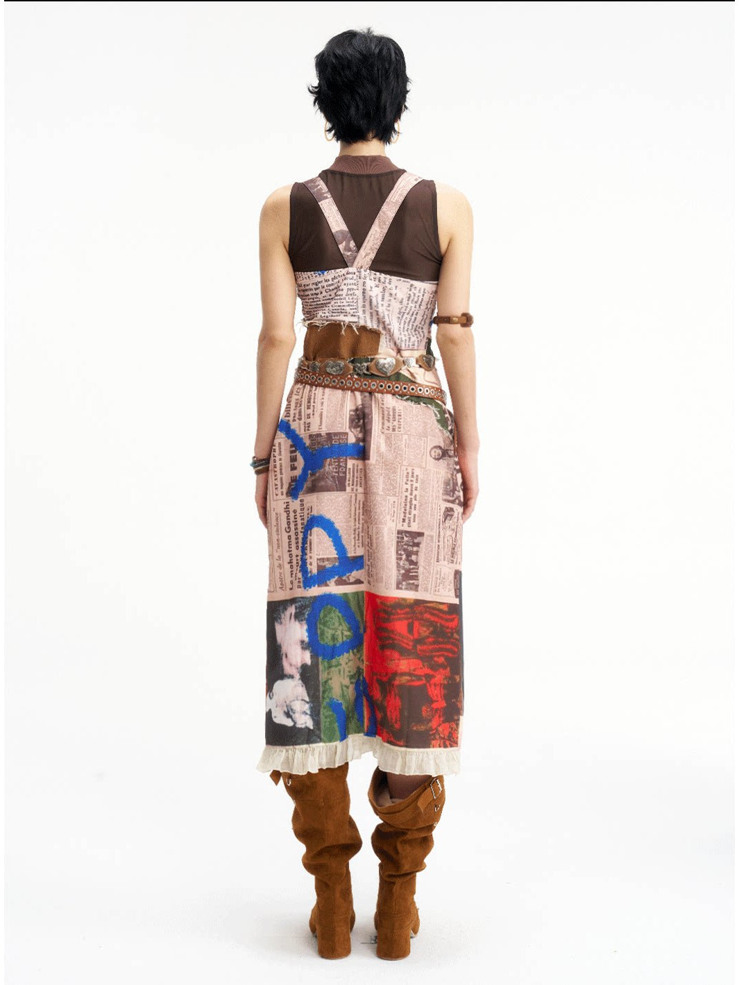NEXT PASSPORT newspaper-print slit suspender dress — alternate back full-length view.