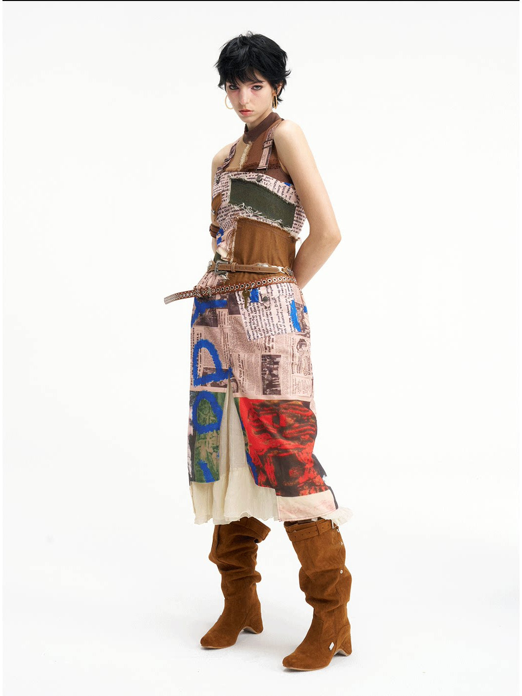 NEXT PASSPORT newspaper-print slit suspender dress — alternate side full-length view.