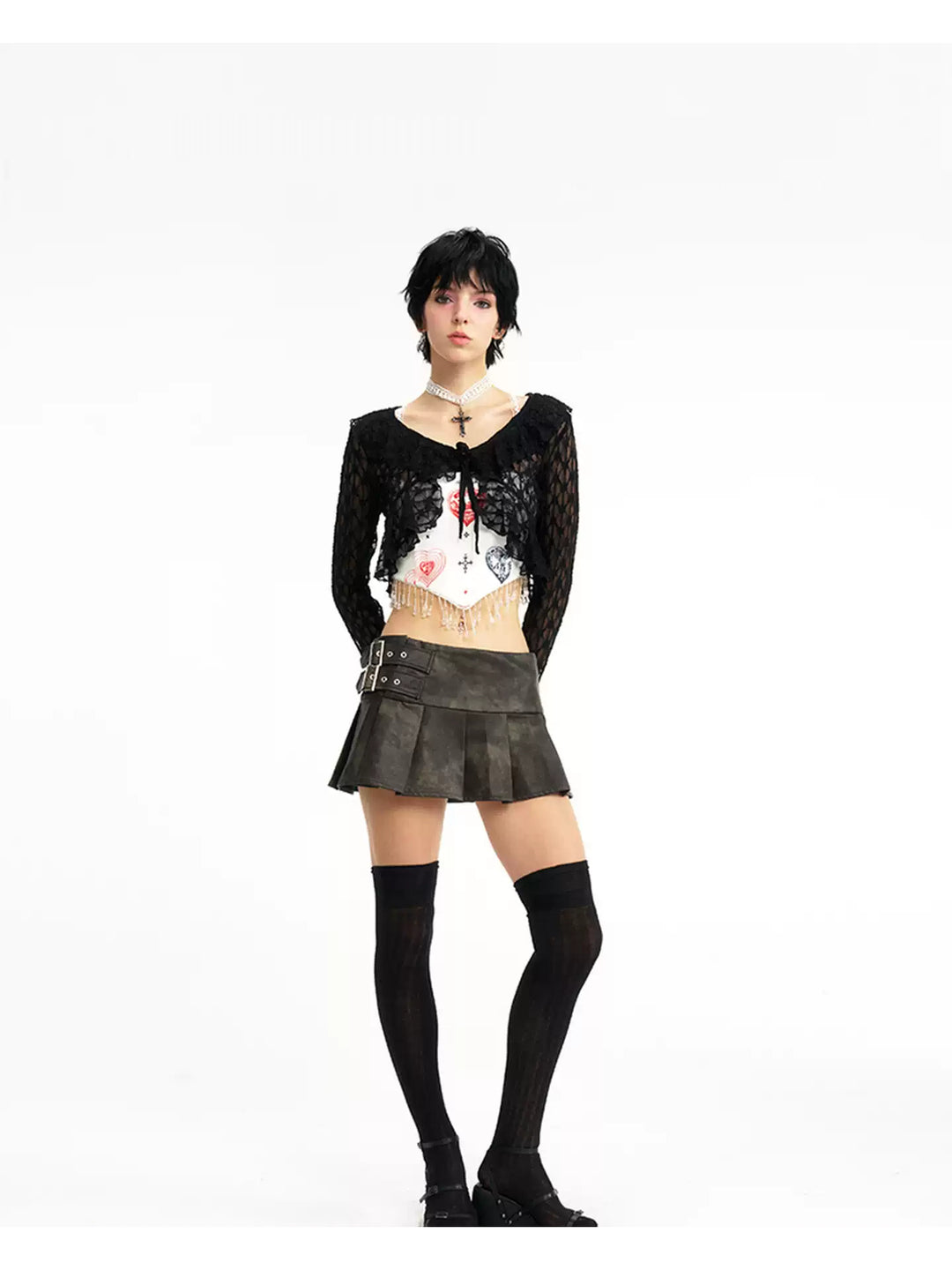 NEXT PASSPORT black lace cropped cardigan — front full-look hero view.