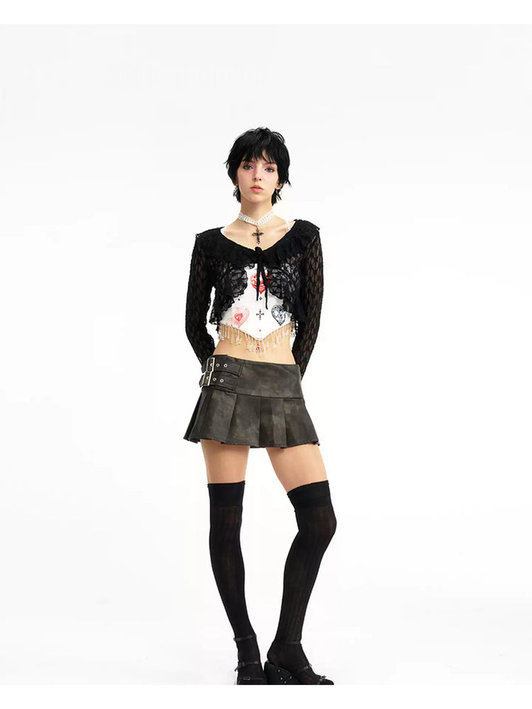 NEXT PASSPORT black lace cropped cardigan — front full-look hero view.