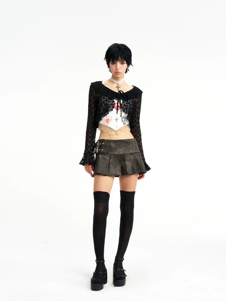 NEXT PASSPORT black lace cropped cardigan — straight-on front full-length view.