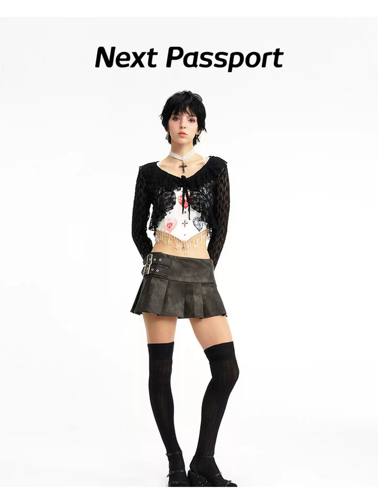 NEXT PASSPORT black lace cropped cardigan — front full-look hero view.