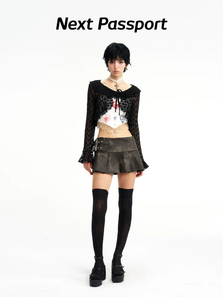 NEXT PASSPORT black lace cropped cardigan — straight-on front full-length view.