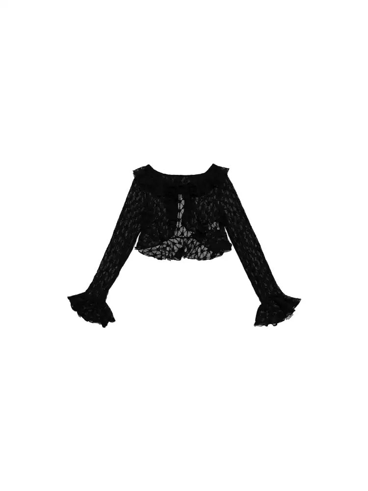 NEXT PASSPORT black lace cropped cardigan — solo front product view.