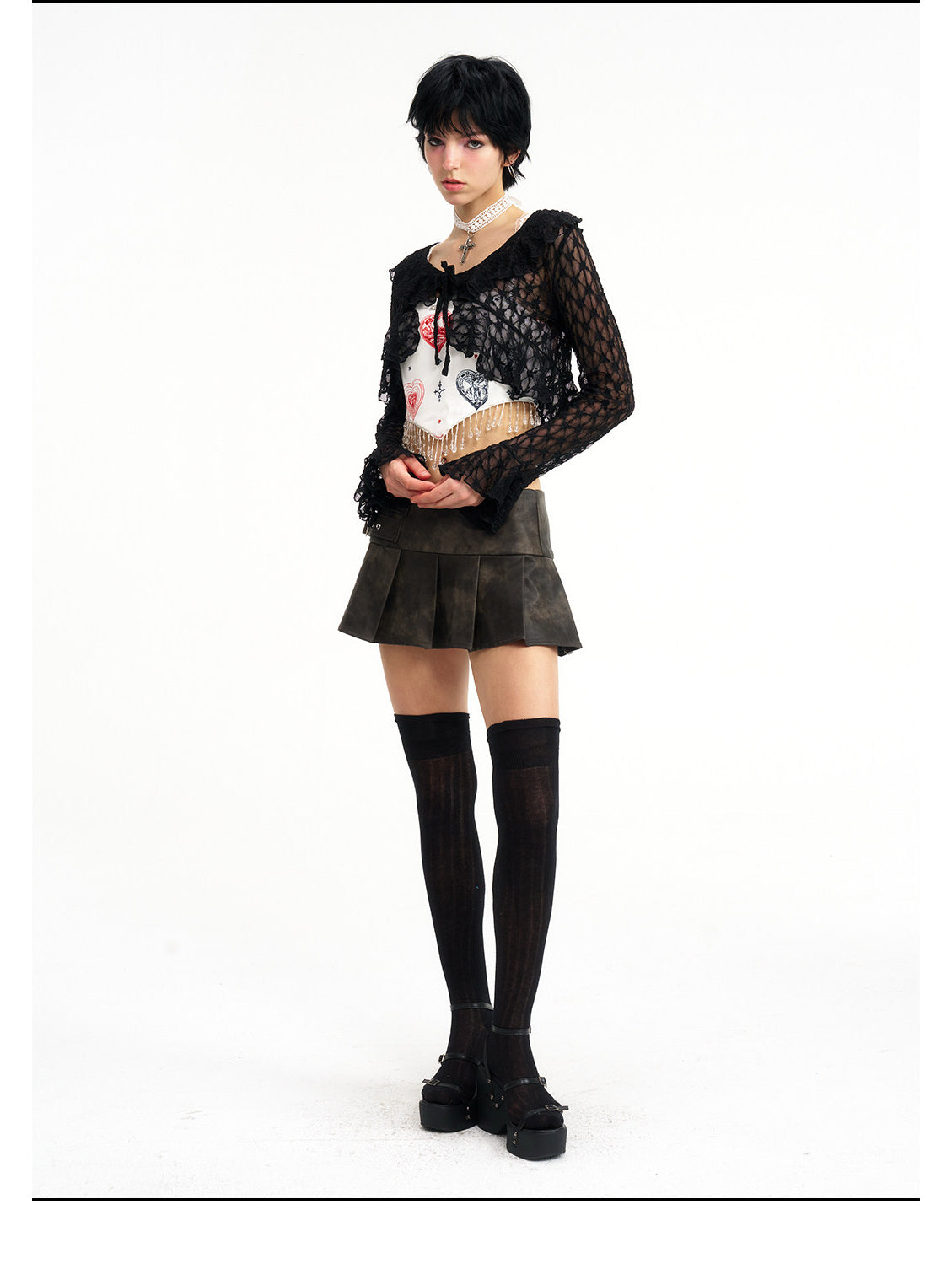 NEXT PASSPORT black lace cropped cardigan — front three-quarter styling view.