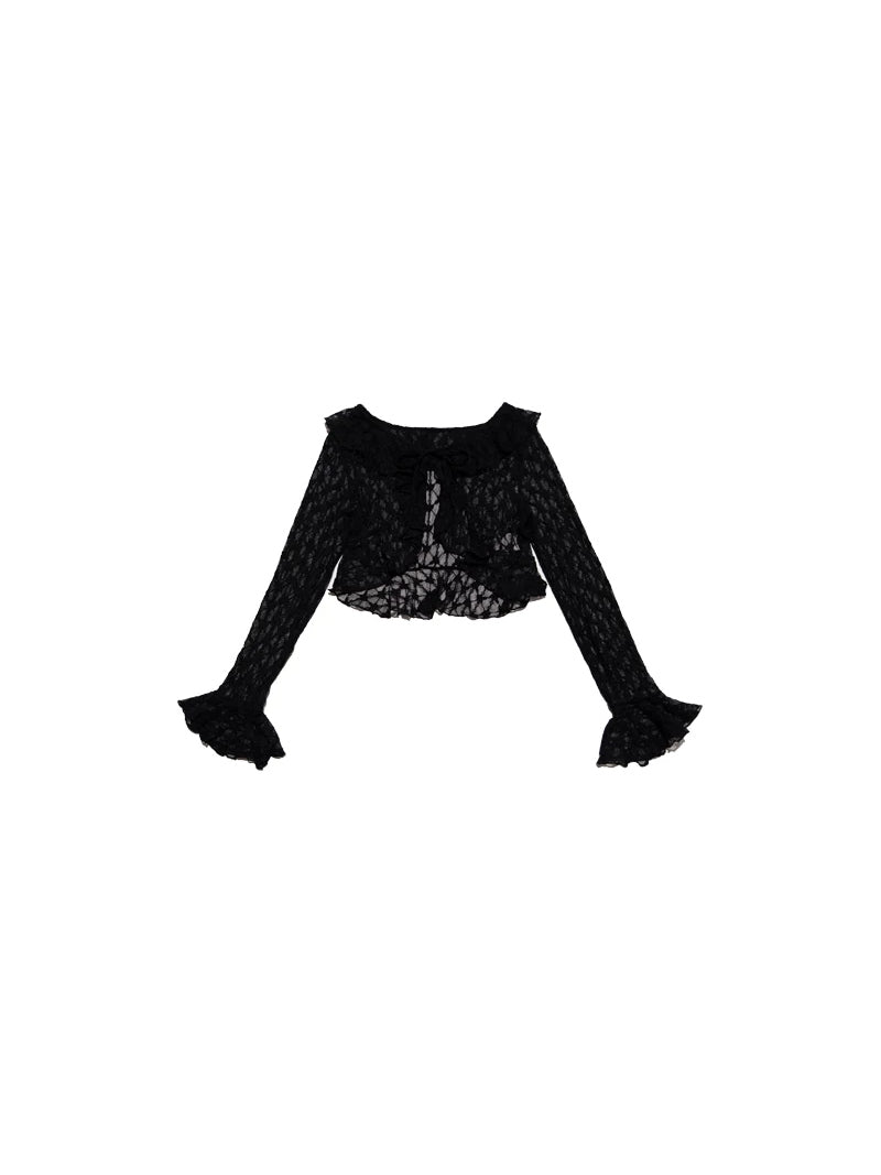 NEXT PASSPORT black lace cropped cardigan — solo back product view.