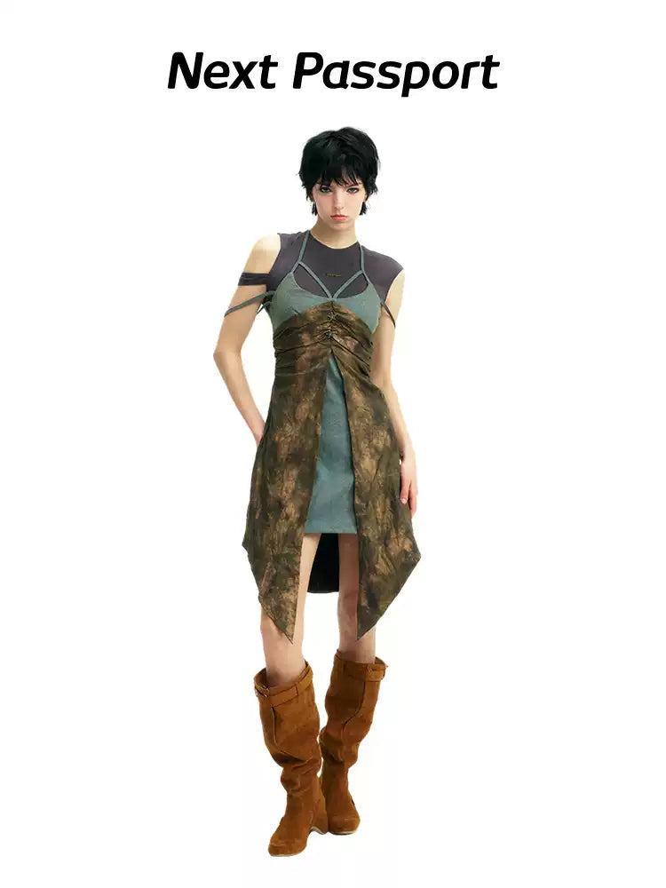 NEXT PASSPORT layered-waist camisole dress — straight-on front full-length view.