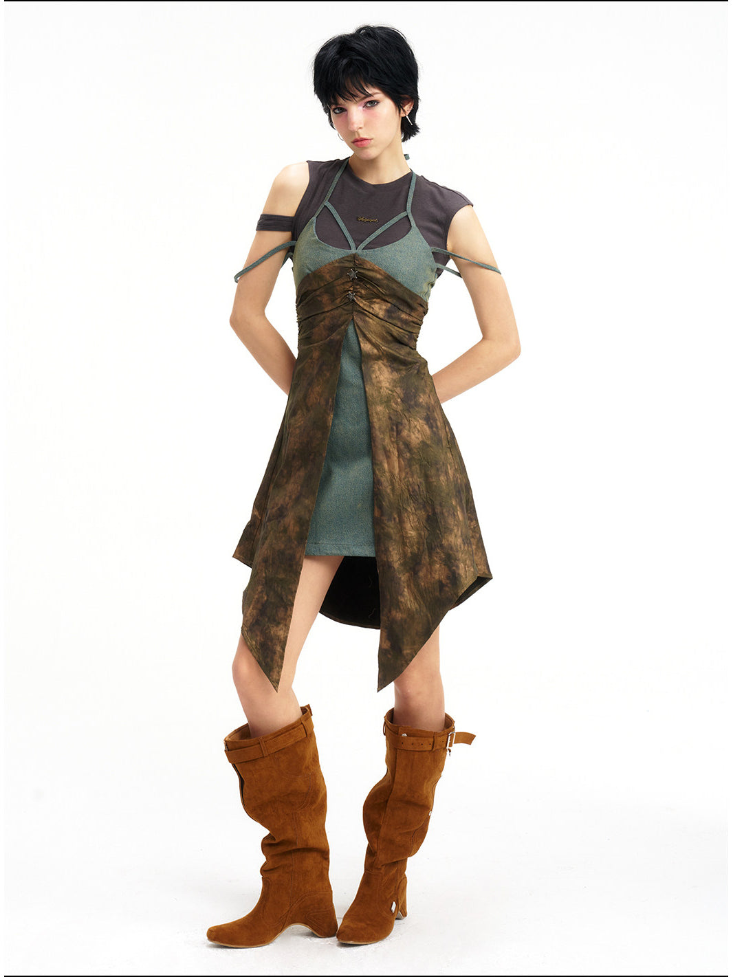 NEXT PASSPORT layered-waist camisole dress — front three-quarter full-length view.
