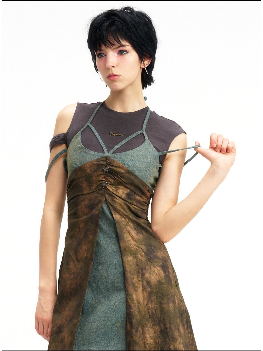 NEXT PASSPORT layered-waist camisole dress — gathered bodice and strap detail.
