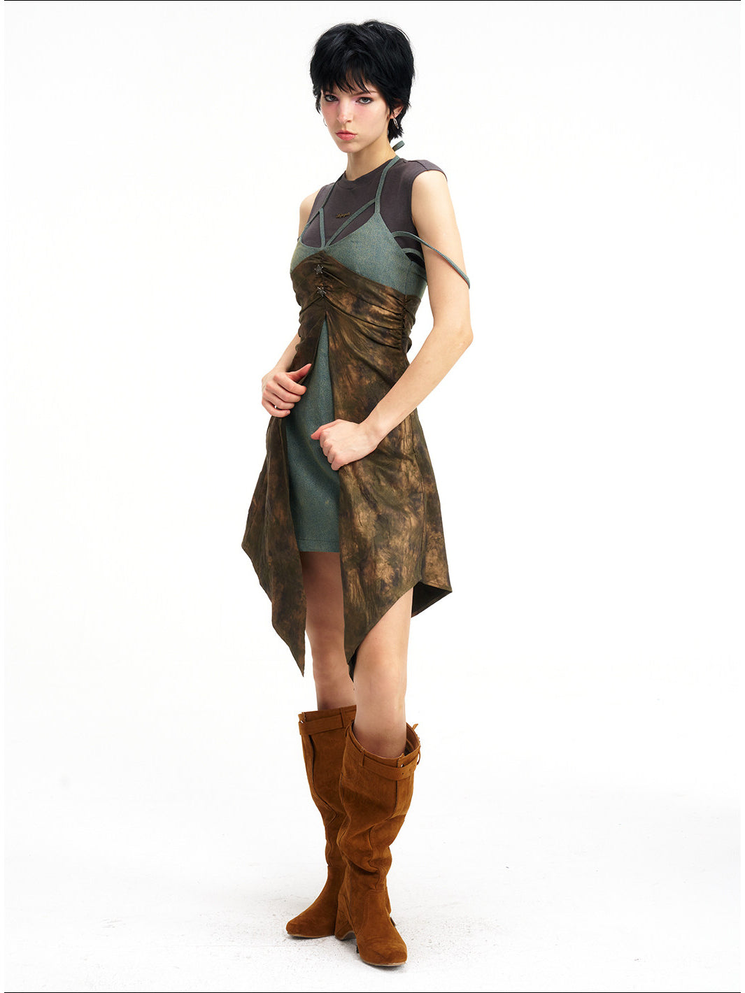 NEXT PASSPORT layered-waist camisole dress — side three-quarter full-length view.