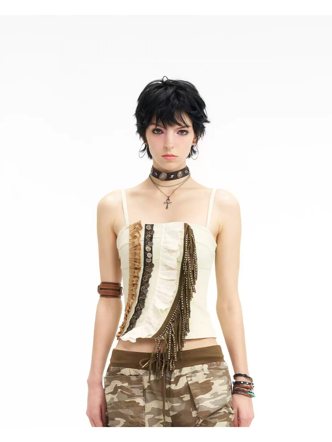 NEXT PASSPORT fringe-panel denim camisole — upper-body front hero view.