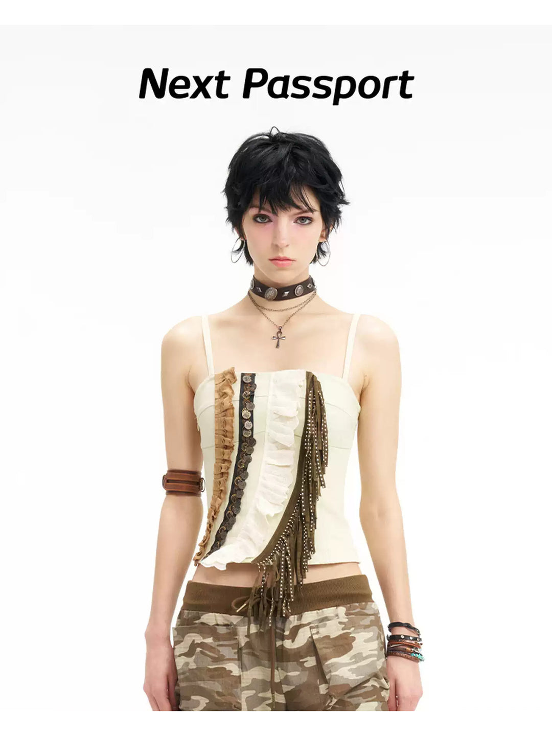 NEXT PASSPORT fringe-panel denim camisole — upper-body front hero view.
