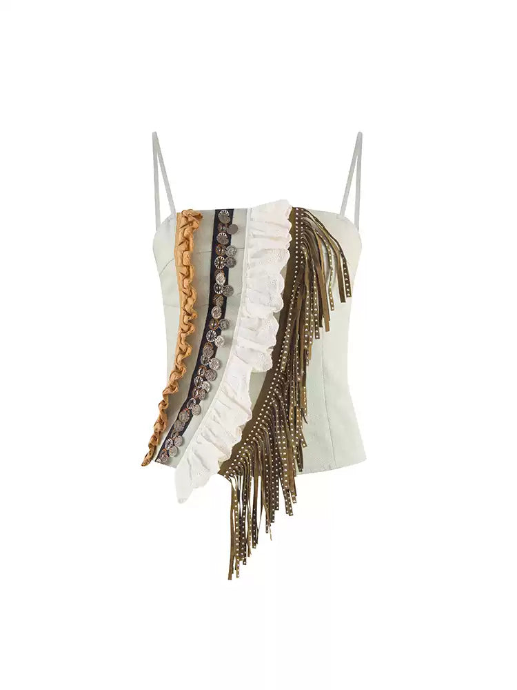 NEXT PASSPORT fringe-panel denim camisole — solo front product view.