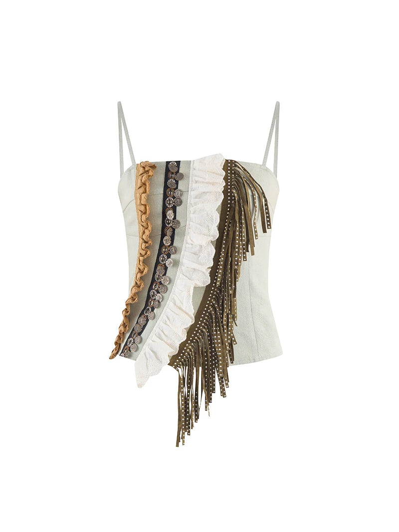 NEXT PASSPORT fringe-panel denim camisole — alternate solo product view.