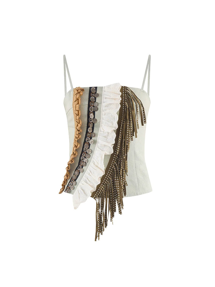 NEXT PASSPORT fringe-panel denim camisole — alternate solo product view.
