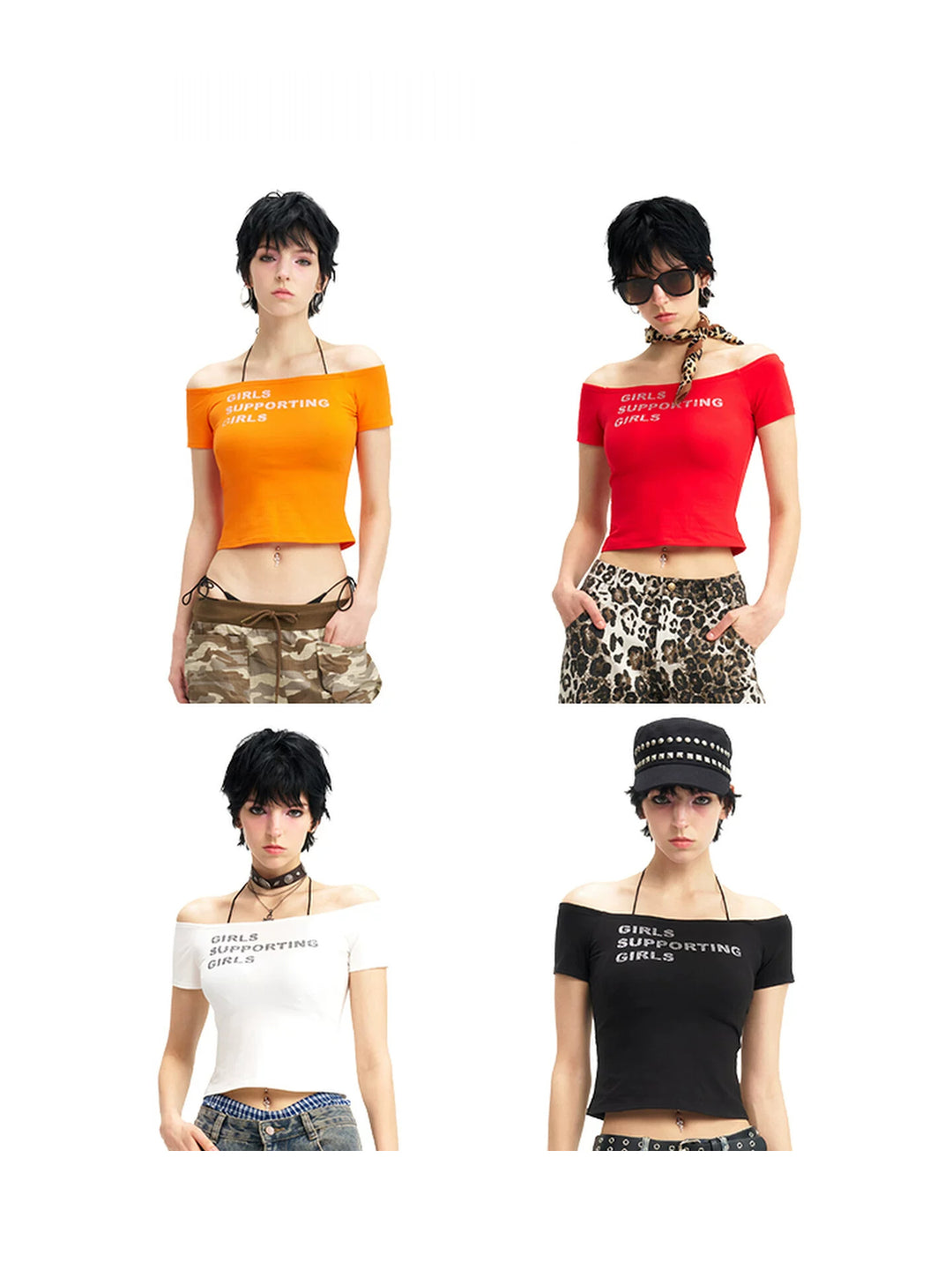 NEXT PASSPORT GIRLS SUPPORTING GIRLS rhinestone off-shoulder crop tee — four-color modeled front collage in orange, red, white and black.