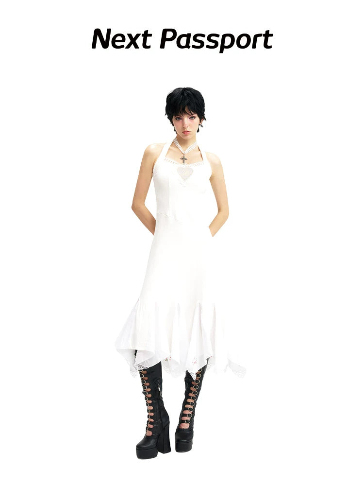 NEXT PASSPORT swan-embroidered lace ballet dress in ivory — long halter-length front studio view.