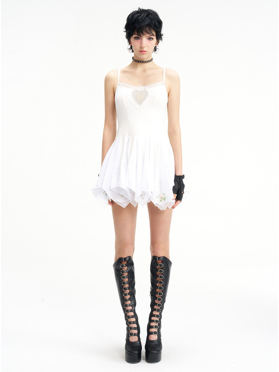 NEXT PASSPORT swan-embroidered lace ballet dress in ivory — short camisole-length full front view.