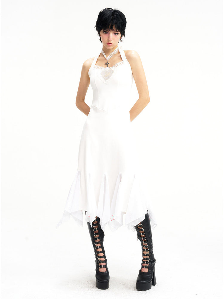 NEXT PASSPORT swan-embroidered lace ballet dress in ivory — long halter-length straight-on view.