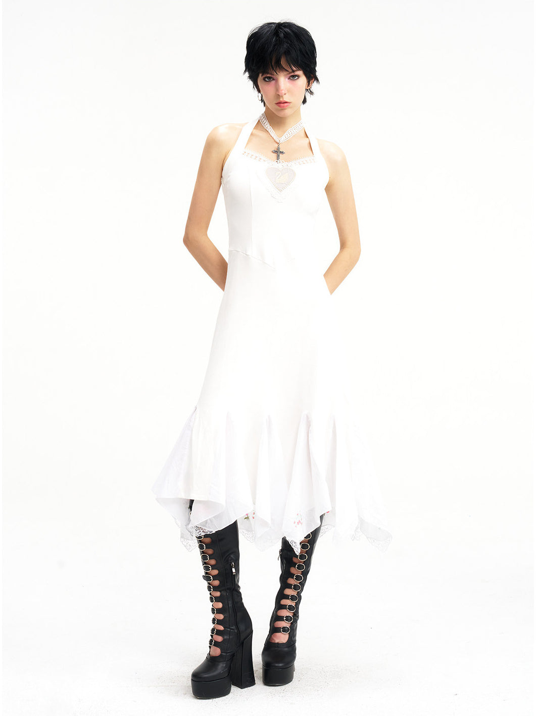 NEXT PASSPORT swan-embroidered lace ballet dress in ivory — long halter-length front studio view.