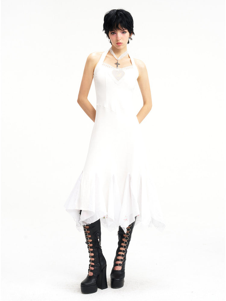 NEXT PASSPORT swan-embroidered lace ballet dress in ivory — long halter-length front studio view.