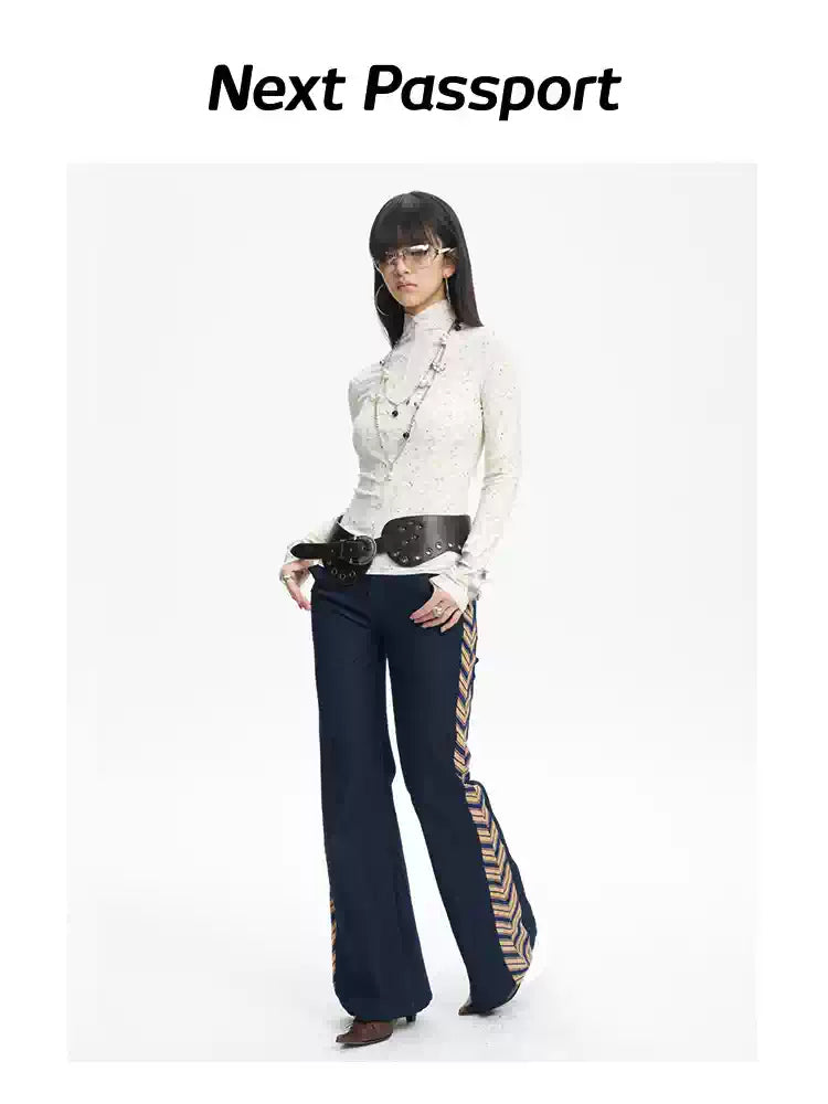 NEXT PASSPORT striped tie-panel flared pants in denim blue — angled front studio view.