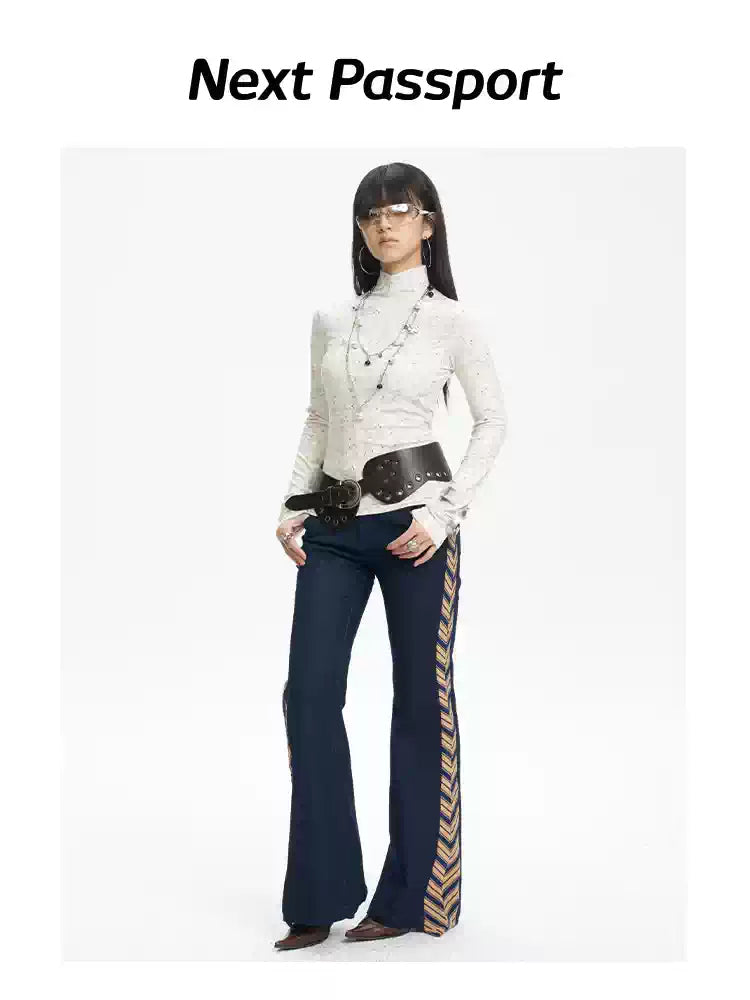 NEXT PASSPORT striped tie-panel flared pants in denim blue — three-quarter studio view.