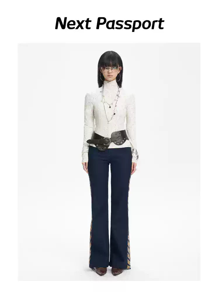 NEXT PASSPORT striped tie-panel flared pants in denim blue — straight-on full-length studio view.