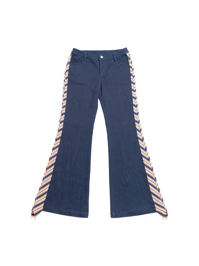 NEXT PASSPORT striped tie-panel flared pants in denim blue — garment-only front view on white.