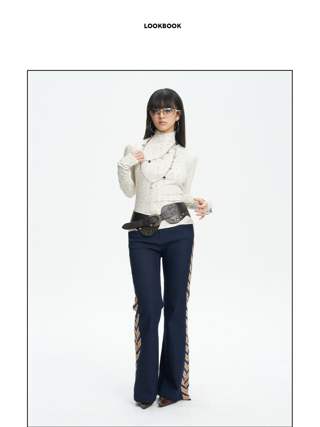 NEXT PASSPORT striped tie-panel flared pants in denim blue — framed lookbook view.