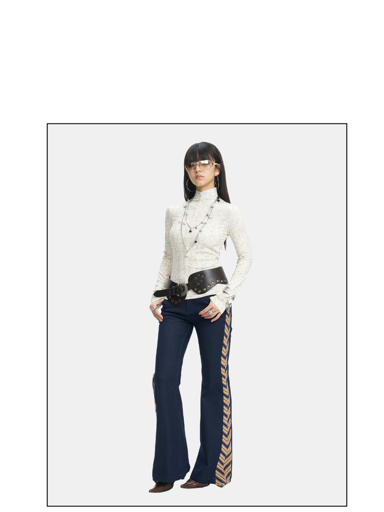 NEXT PASSPORT striped tie-panel flared pants in denim blue — product-information editorial view.