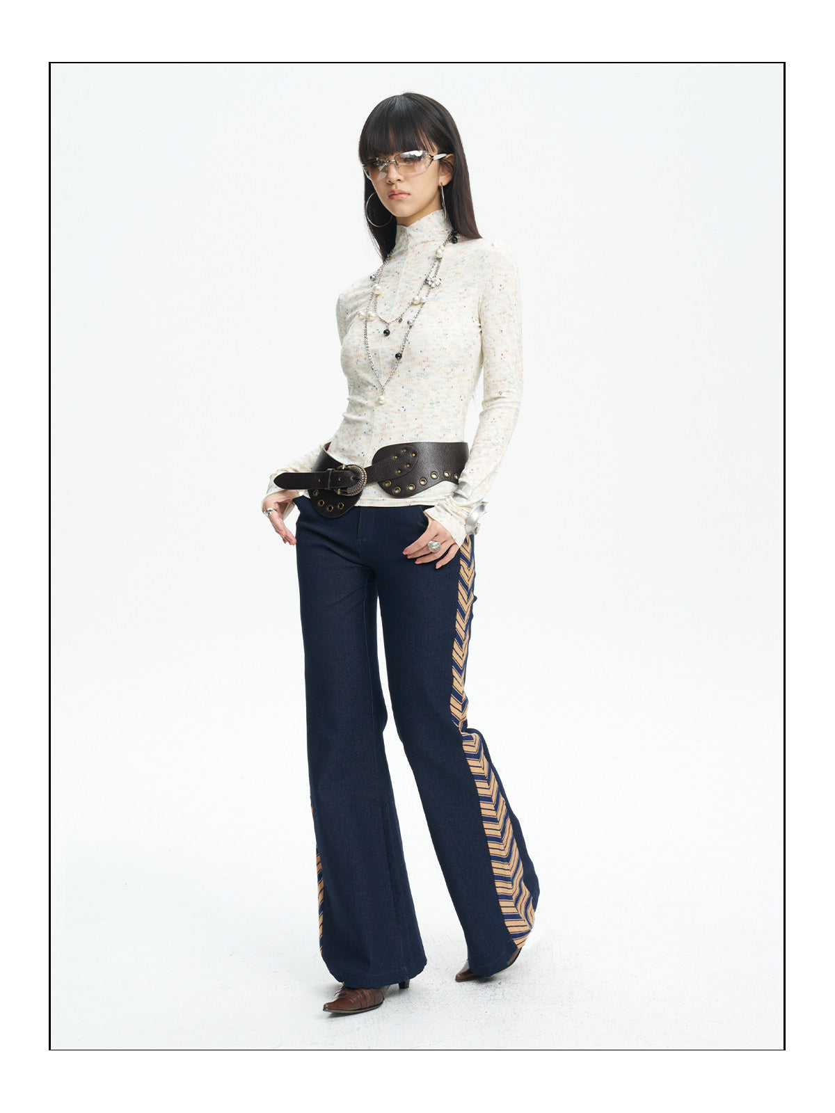NEXT PASSPORT striped tie-panel flared pants in denim blue — full-length styling view.