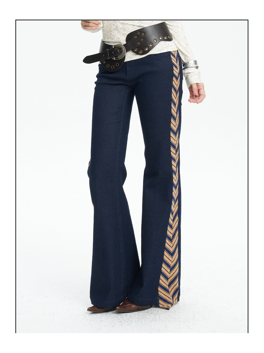 NEXT PASSPORT striped tie-panel flared pants in denim blue — striped side-panel detail.