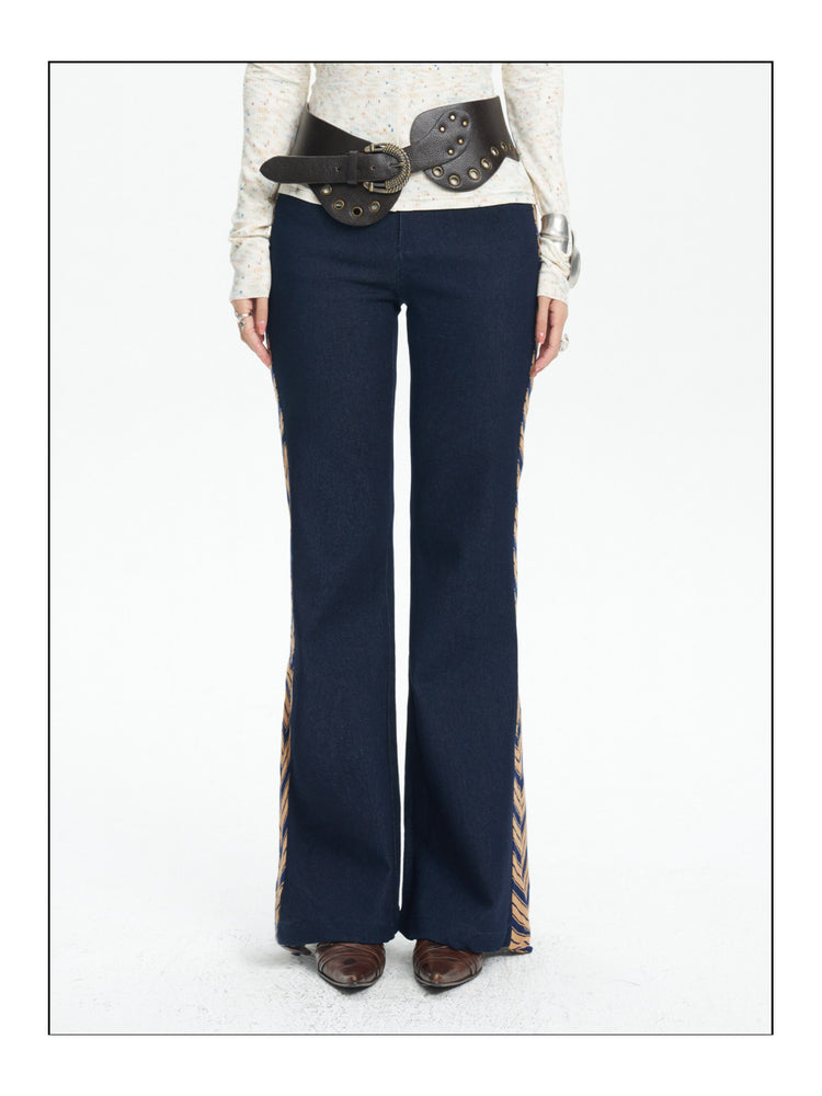 NEXT PASSPORT striped tie-panel flared pants in denim blue — front fit detail.