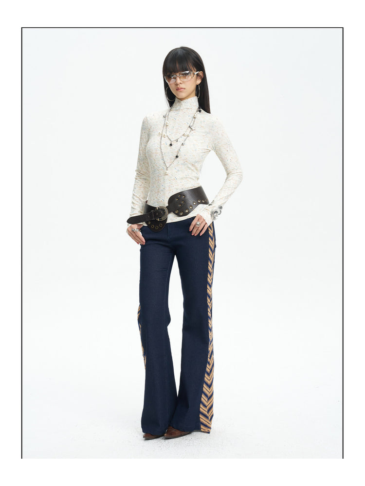 NEXT PASSPORT striped tie-panel flared pants in denim blue — full-length editorial view.