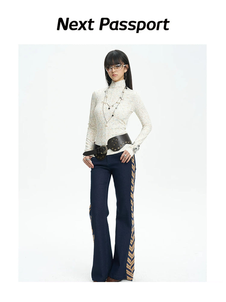 NEXT PASSPORT striped tie-panel flared pants in denim blue — clean gallery hero.