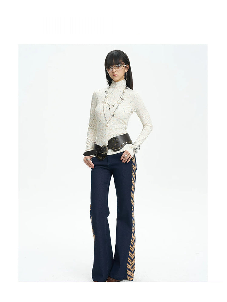 NEXT PASSPORT striped tie-panel flared pants in denim blue — clean gallery hero.