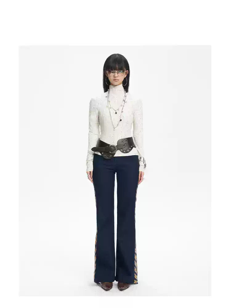 NEXT PASSPORT striped tie-panel flared pants in denim blue — straight-on full-length studio view.