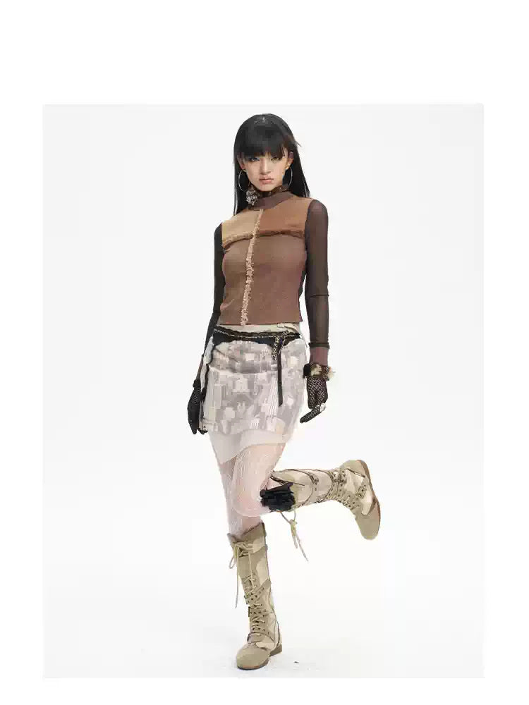 NEXT PASSPORT HAZY CITY mesh double-waist mini skirt — three-quarter modeled view showing the layered waist and buckle detail.